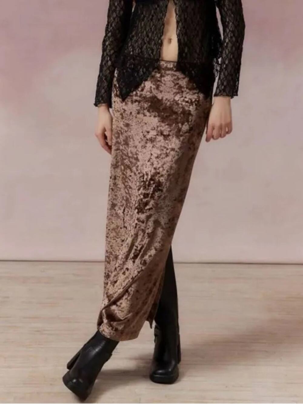 Kimchi Blue Dominique Crushed Velvet Maxi Skirt Brown Women’s Small UO